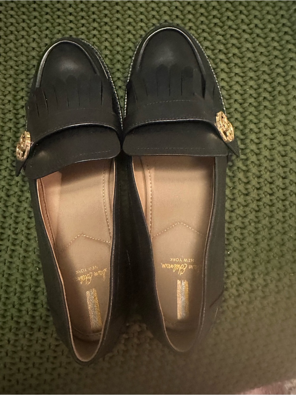 Sam Edelman NY Black Leather Fringe Loafers with Gold Emblem